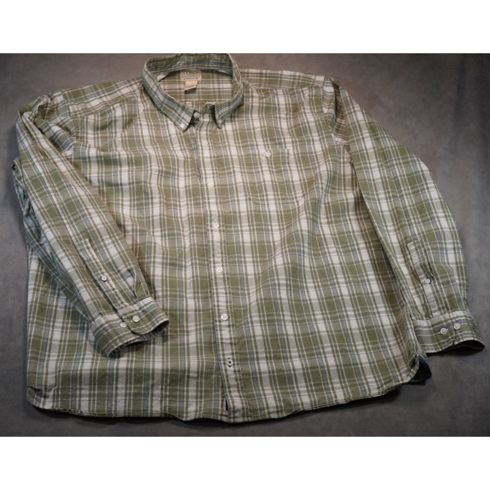 LL Bean Mens XXXL Slightly Fitted Green Plaid Button Down Shirt Long‎ Sleeve